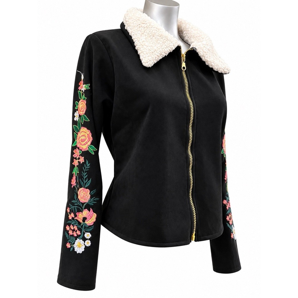 Womens Black Faux Suede Jacket Floral Embroidery Sherpa Collar Boho Small